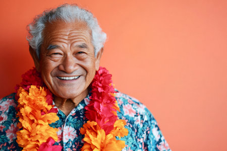 Portrait of a cheerful senior man wearing a traditional Hawaiian shirt and a vibrant lei, representing Polynesian culture and the joy of agingの素材