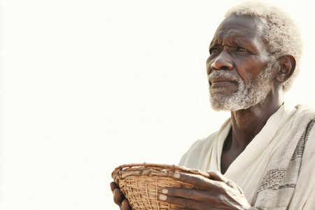 Hopeful african farmer holding an empty basket looking up, representing poverty, hunger, and agriculture in developing countriesの素材