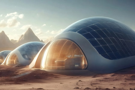 Futuristic Mars base featuring dome like structures harnessing solar energy, set against the striking landscape of the red planetの素材