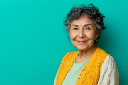 85 year old hispanic woman with gray hair and yellow clothes is smiling on a turquoise backgroundの素材