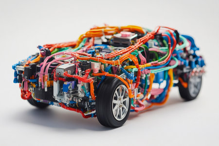 Intricate network of vibrant wires forming the framework of a contemporary car, showing the complex electrical system in a visually striking mannerの素材