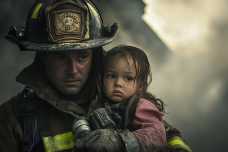 Brave firefighter carrying a young child to safety from a smoke filled building after a devastating fireの素材