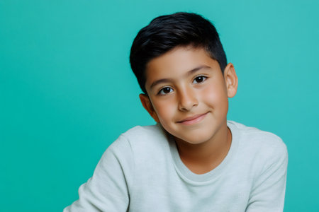 Portrait featuring a smiling Hispanic boy dressed in a light gray sweatshirt, set against a vibrant turquoise backgroundの素材