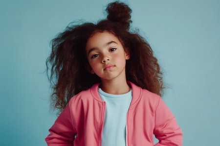 Studio portrait of a stylish child with curly hair and pink jacket, exuding confidence against a vibrant backdropの素材