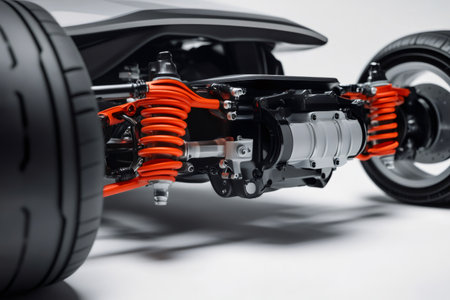 Close up of electric car chassis showcasing orange suspension springs, motor, and other components against a white backgroundの素材