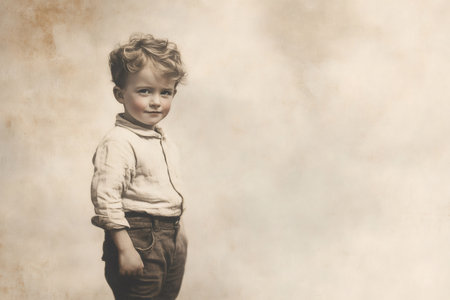 Vintage portrait featuring a young boy with hands tucked in pockets, striking a pose for a charming sepia toned photographの素材