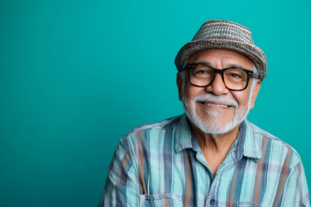Studio portrait of cheerful elderly hispanic man wearing casual clothes, eyeglasses and hat, smiling and looking at camera against turquoise backgroundの素材