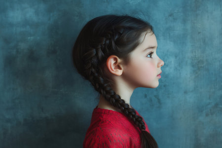 Profile of a young girl with a braided hairstyle, gazing thoughtfully away from the camera against a serene blue backgroundの素材