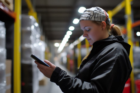 Female warehouse worker using smartphone for managing logistics and checking inventory in large distribution centerの素材