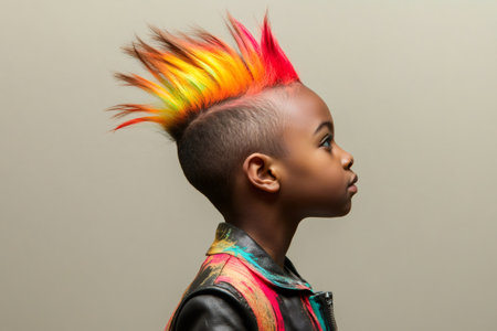 Profile of stylish child with vibrant mohawk hairstyle, showcasing unique fashion and individuality in studio settingの素材