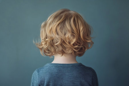 Child with short, curly blonde hair, standing confidently against a vibrant teal background, embodying the essence of youthful innocenceの素材