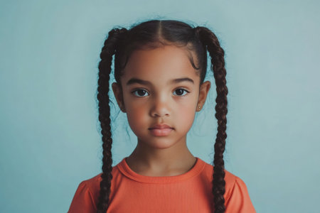 Studio portrait of a serious young girl with long braided hair wearing an orange t shirt, looking ahead against a light blue backgroundの素材