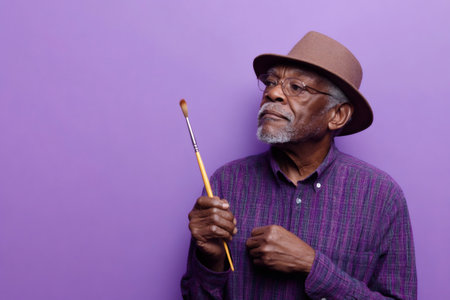 Elderly African American artist holding a paintbrush and looking thoughtfully upwards against a vibrant purple backdropの素材