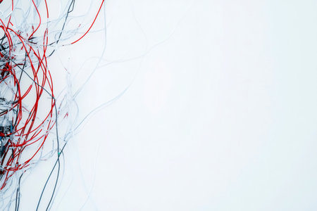 Colorful tangled wires creating an abstract design on a minimalist white background, ideal for technology and connectivity conceptsの素材