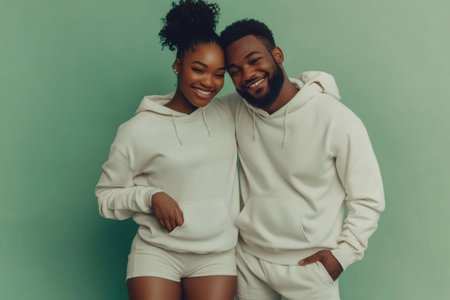 Young fashionable couple wearing matching hoodies and shorts smiling and posing together on a green backgroundの素材
