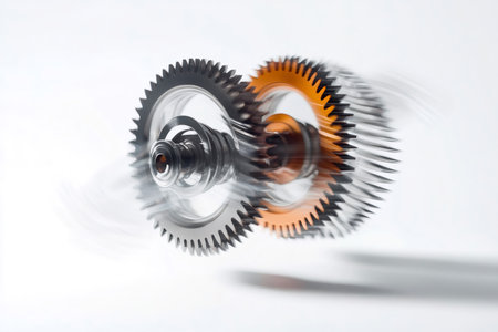Two interlocking gears spinning rapidly, generating a dynamic motion blur against a clean white background, showcasing mechanical precisionの素材