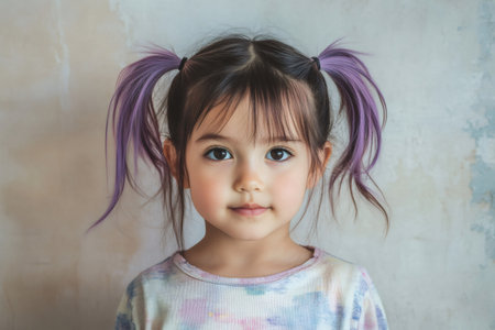 Charming preschool aged girl with purple highlights in her pigtails looking forward in a studio portrait against a textured wallの素材