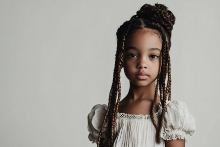 Studio portrait of a young girl with intricate rope braids, exuding confidence and style against a neutral backdropの素材
