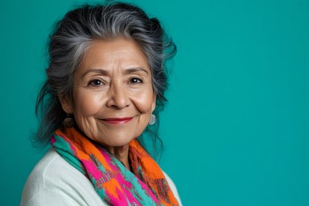 Studio portrait featuring a confident Hispanic senior woman smiling brightly against a vibrant turquoise background, radiating happiness and wisdomの素材