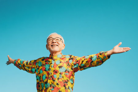 Carefree man senior enjoying life, embracing freedom with open arms under a clear blue sky, expressing joy and happinessの素材
