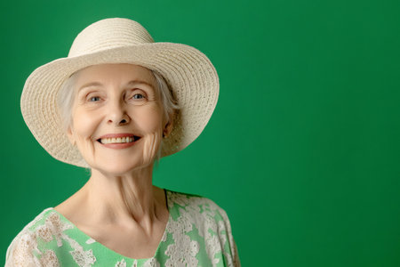 Portrait of a cheerful senior woman wearing a summer hat and smiling on a vibrant green chroma key backgroundの素材
