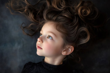 Studio portrait of a young girl lying down with her long curly hair spread out on a dark background, looking upwardsの素材