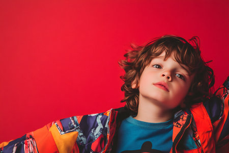 Young boy wearing colorful clothes posing on a vibrant red background, looking confident and stylishの素材