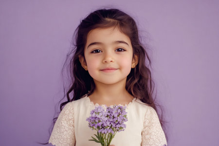 Studio portrait of a smiling young Middle Eastern girl holding a bouquet of purple flowers against a matching purple backdropの素材