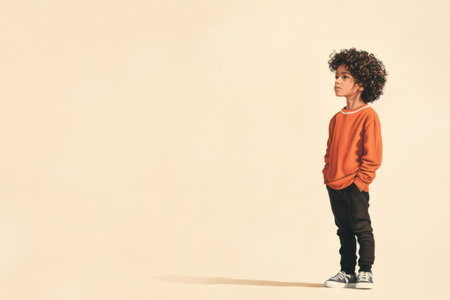 Full length portrait of a stylish child standing against a neutral background, looking to the side with hands in pocketsの素材