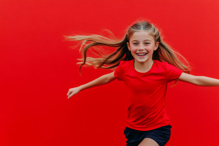 Cheerful girl running with open arms, hair blowing in the wind, expressing joy and freedom on a vibrant red backgroundの素材