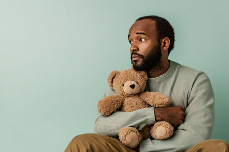 Pensive adult man is hugging a teddy bear while looking away from the camera, evoking feelings of nostalgia and introspectionの素材