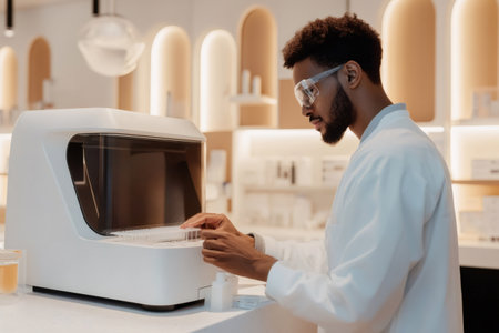 Lab technician inserting samples into PCR machine, performing genetic analysis in advanced laboratory settingの素材