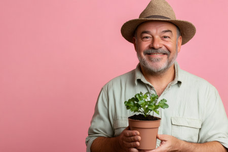 Happy gardener smiling while holding a small potted plant, embracing the joys of gardening and nurturing nature's growthの素材