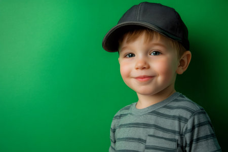 Studio portrait of a happy little boy wearing a baseball cap and smiling against a vibrant green backdropの素材