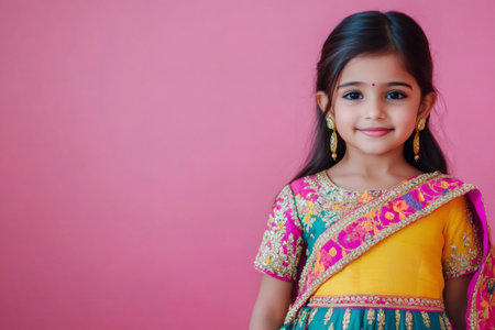 Adorable Indian girl wearing colorful, traditional clothing, smiling on a vibrant pink background, representing Indian culture and celebrationsの素材