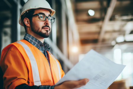 Construction manager wearing safety helmet and high visibility vest reviewing blueprint in warehouseの素材