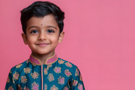 Portrait of a smiling young Indian boy wearing a traditional kurta, posing against a vibrant pink backdropの素材