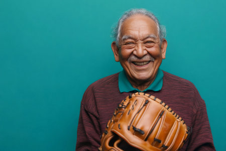 Studio portrait of cheerful elderly hispanic man holding baseball glove, smiling and showing happiness against vibrant turquoise backdropの素材