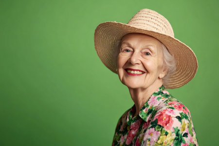 Studio portrait of a cheerful senior woman wearing a straw hat and floral shirt, exuding joy and vitality against a vibrant green backdropの素材