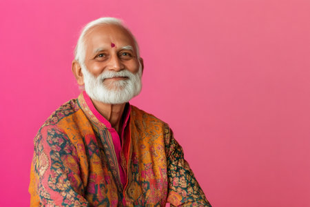 Portrait of a cheerful senior Indian man wearing a colorful kurta, showcasing cultural heritage and positive agingの素材