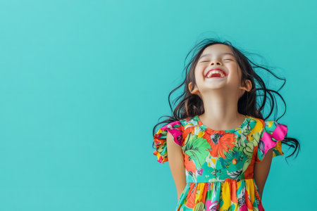 Young Asian girl wearing colorful dress, tilting her head back, laughing with flowing hair, against a turquoise backgroundの素材