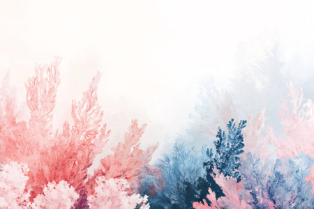 Modern minimalist artwork featuring abstract coral formations in delicate pink and blue hues, creating a serene and ethereal atmosphereの素材