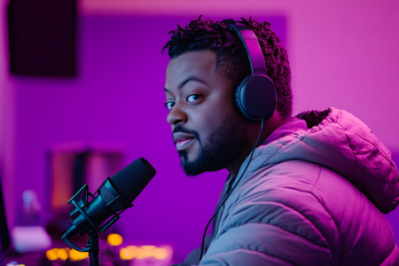 Young man recording audio podcast wearing headphones speaking at microphone in professional recording studio with purple neon lightの素材