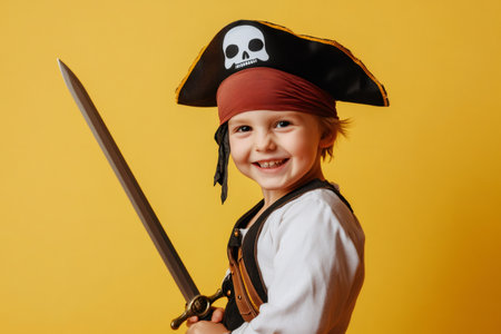 Smiling child dressed in a colorful pirate costume, holding a sword and radiating joy against a bright yellow backgroundの素材