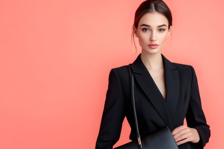 Confident businesswoman wearing elegant black jacket holding stylish purse, posing on coral background, exuding professionalism and styleの素材
