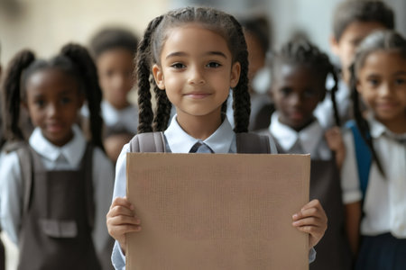 Elementary schoolgirl holding blank cardboard, with diverse group of classmates standing behind her, ready for message or announcementの素材