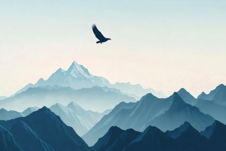 Majestic landscape featuring an eagle soaring gracefully above a vast range of blue toned mountain peaksの素材