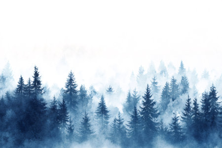Watercolor painting representing a foggy forest of fir trees, creating a cold, wintery, and mysterious atmosphereの素材