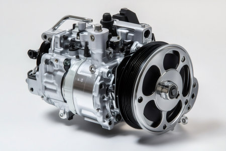 Studio shot of a new power steering pump, showing its metallic components and intricate designの素材