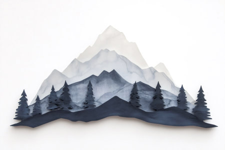 Minimalist depiction of a mountain landscape with pine trees, created with paper cutouts and watercolor, in shades of blue and grayの素材